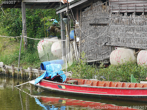 Image of Longtail boat on a canal in front of straw house in Thailand