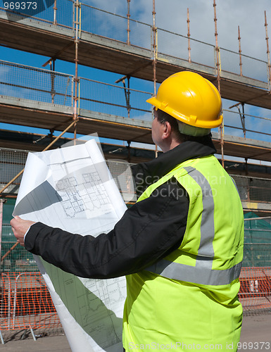 Image of Builder inspects construction site.