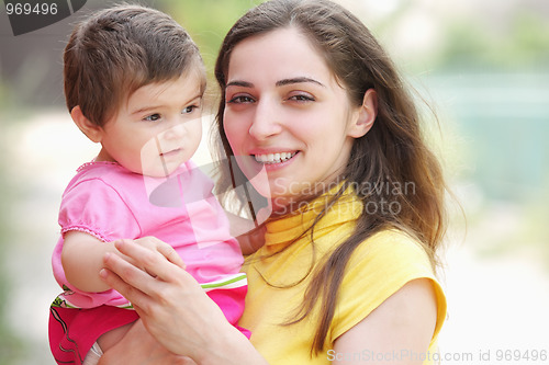 Image of Smiling mother with child closeup