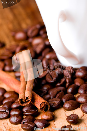 Image of coffee beans, cup and cinnamon