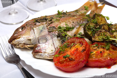 Image of Two Grilled fish with vegetables and herbs on the dish