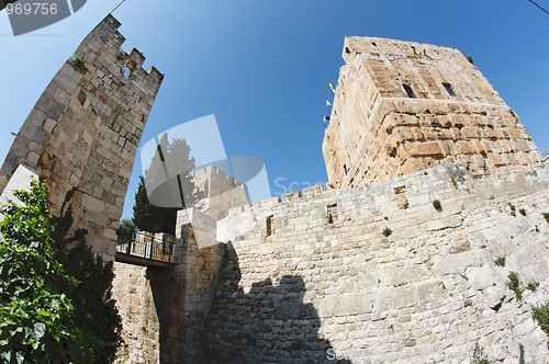 Image of Fisheye view of an ancient citadel in Jerusalem Old City 