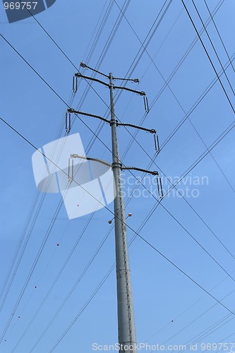 Image of Overhead power transmission line on sky background