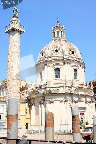 Image of Traian column and Santa Maria di Loreto in Rome, Italy