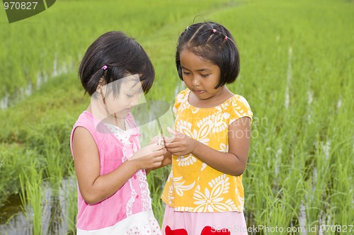 Image of asian girls with grasshopper