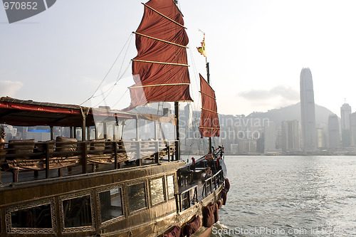 Image of Traditional Chinese Boat on Victoria Harbour, Hong Kong. 