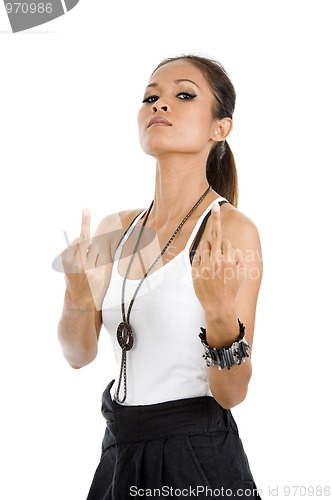 Image of young woman showing two middle fingers