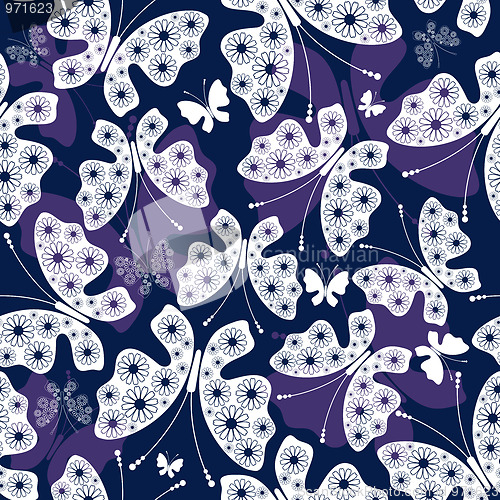 Image of Seamless violet-white pattern with butterflies