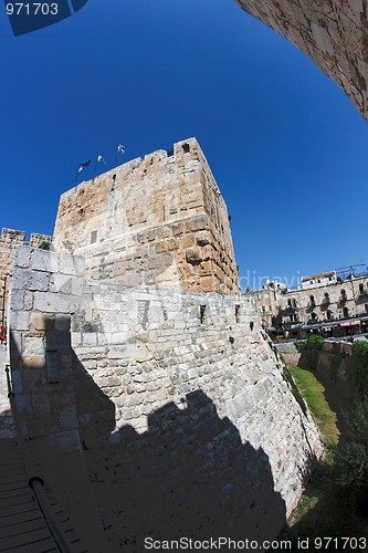 Image of Fisheye view of an ancient citadel in Jerusalem