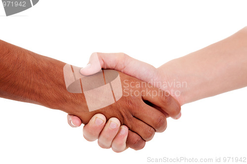 Image of handshake, between a white and a black young man