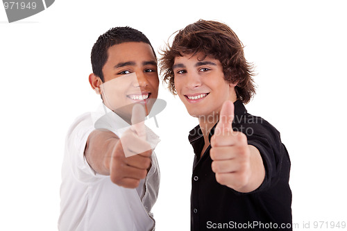 Image of two young man of different colors, with thumb up