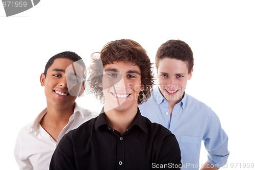 Image of one boy, with two friends on back, of different colors,looking to camera and smiling