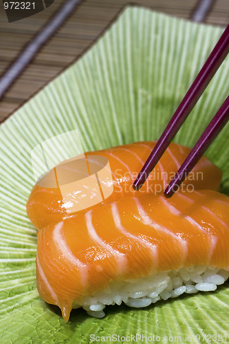 Image of sushi and chopsticks on disk