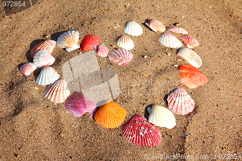 Image of heart symbol from shells on sand