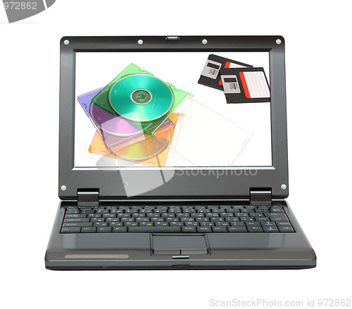 Image of small laptop with discs and diskettes