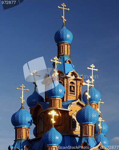 Image of Wooden Orthodox Church with Blue Domes