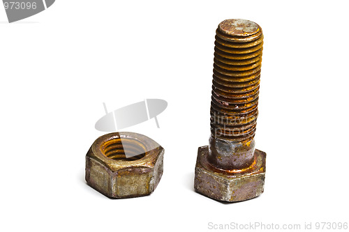 Image of Rusty nut and bolt on white 