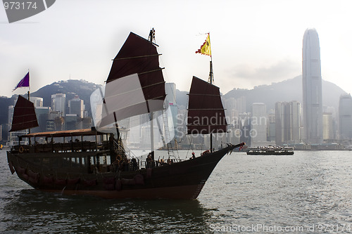 Image of Traditional Chinese Boat on Victoria Harbour, Hong Kong. 