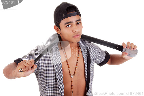 Image of young and handsome latin man, with a belt - as a bad boy 