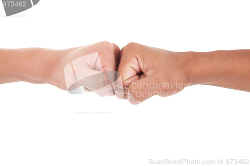 Image of handshake with fist, isolated on white