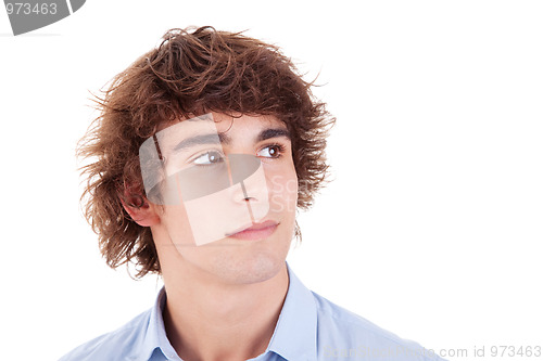 Image of cute boy, smiling and looking up