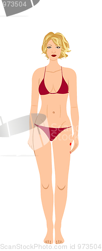 Image of The blond in a red bathing suit isolated on a white background