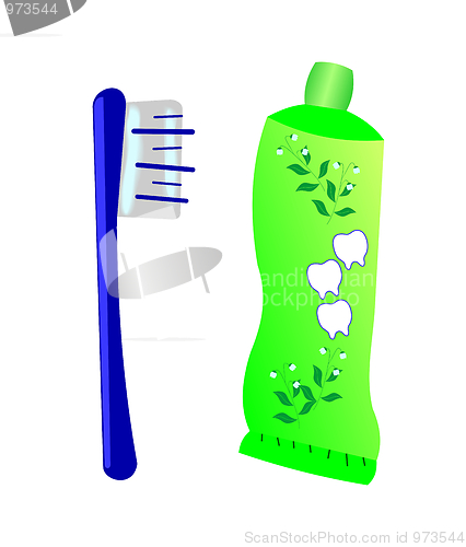 Image of Iillustration of a toothbrush with toothpaste and tube