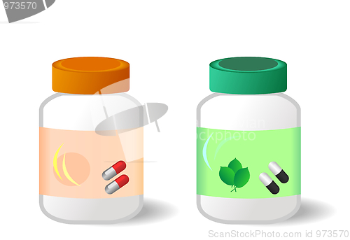 Image of Two bottles with tablets are isolated on white background