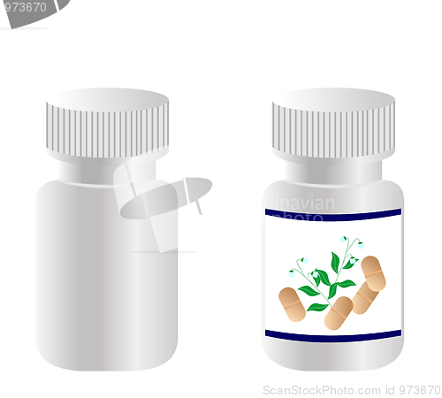 Image of Two realistic bottles with tablets are isolated on white backgro