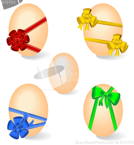 Image of Realistic illustration of set by Easter eggs with bows