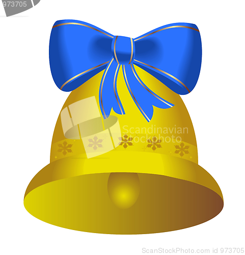 Image of Golden christmas bell with blue bow - vector