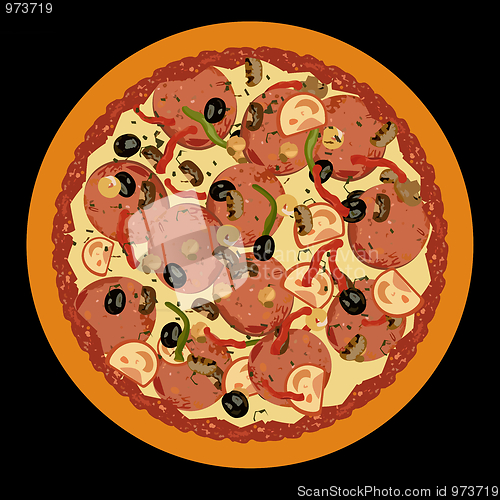 Image of Realistic illustration pizza on black background