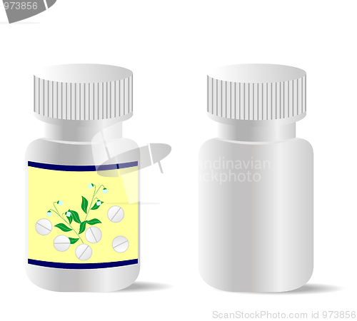 Image of Two realistic bottles with tablets are isolated on white backgro