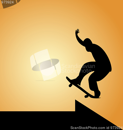 Image of Illustration of black silhouette skateboard man and arrow