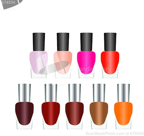 Image of Bottles of nail polish in various bright colors on a white backg