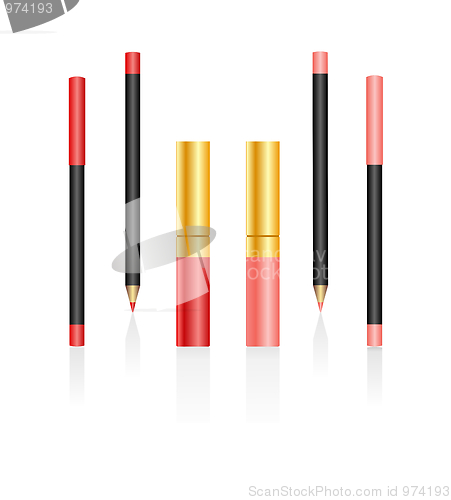 Image of Lipsticks and pencils isolated on a white background