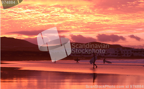 Image of orange sunset in playa Famara, Lanzarote 