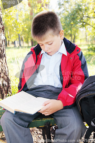 Image of Kid reading book in park