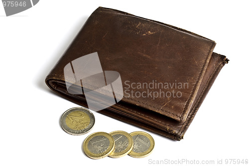 Image of Brown wallet with coins isolated on white