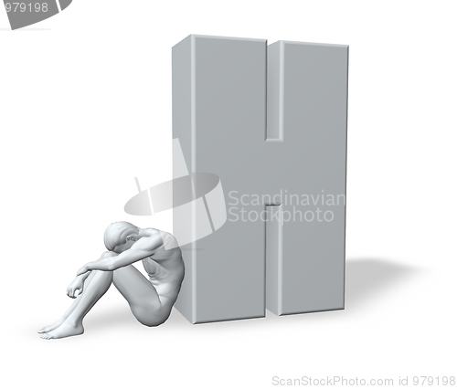 Image of sitting man leans on uppercase letter h