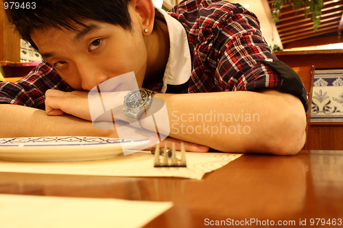 Image of Portrait of a asia man bend on the table