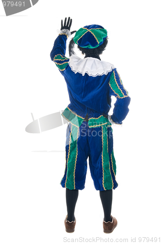 Image of Zwarte Piet from the back, waving his hand.