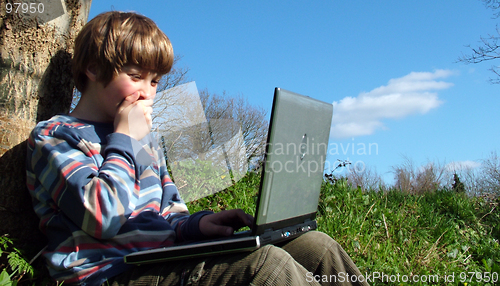 Image of Wow! (child with notebook sit blue sky )