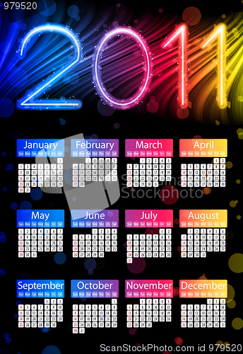 Image of Colorful 2011 Calendar on Black Background. Rainbow Colors