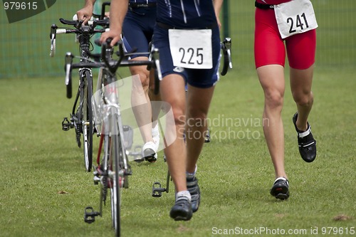 Image of triathletes in the transition zone