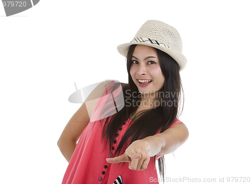 Image of woman pointing at you