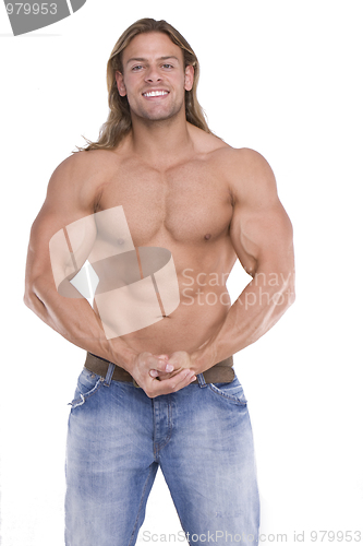 Image of Athletic sexy male body builder with the blonde long hair. gladi