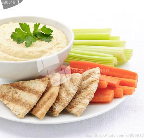 Image of Hummus with pita bread and vegetables