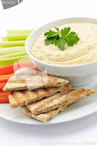 Image of Hummus with pita bread and vegetables