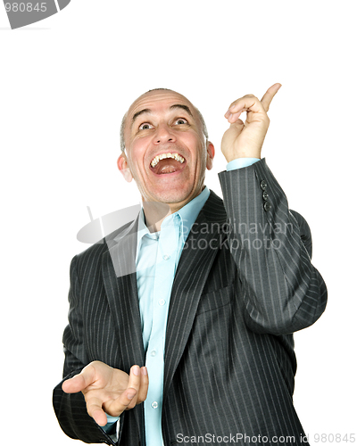 Image of Laughing man pointing up